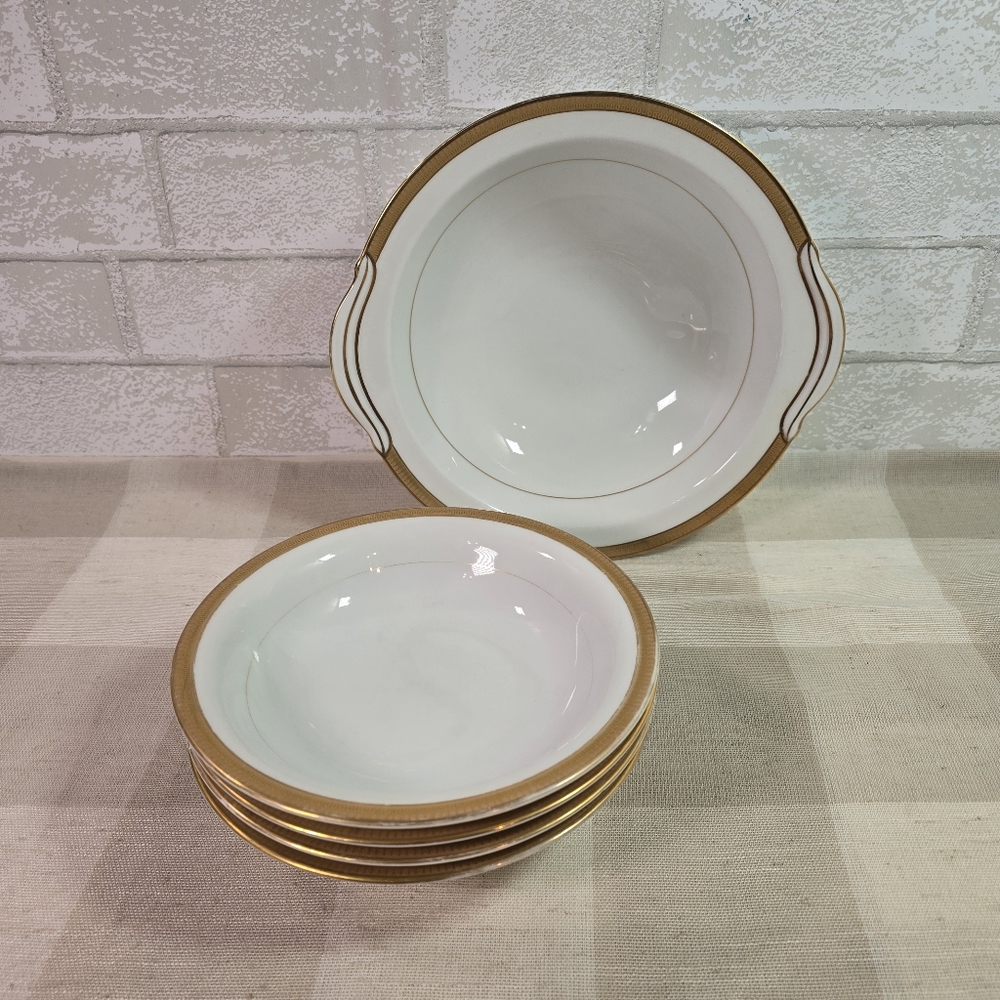 Noritake China 6244, Goldwyn Serving & Soup Bowls White /Gold Trim ~ 5 Bowls